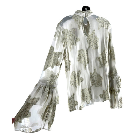 MISS SELFRIDGE SHEER RUFFLE BLOUSE WITH GOLD FLORAL EMBELLISHMENT - Picture 6 of 9